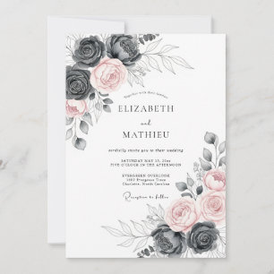 Invitation Mariage Floral Majestueux Gris Charbon