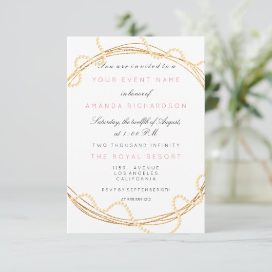 Invitation Mariage Floral Marbre Anniversaire Or Blanc Perles (Debout devant)
