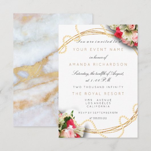 Invitation Mariage floral Marbre Rose Gold Perles (Devant / Derrière)