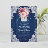Invitation Mariage floral marine bleu et blanc bois mason jar (Debout devant)