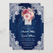 Invitation Mariage floral marine bleu et blanc bois mason jar (Devant / Derrière)