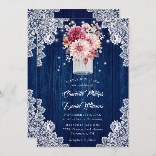 Invitation Mariage floral marine bleu et blanc bois mason jar (Devant / Derrière)