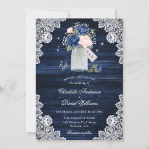 Invitation Mariage Floral Marine Blue Blush Wood Lace Mason J
