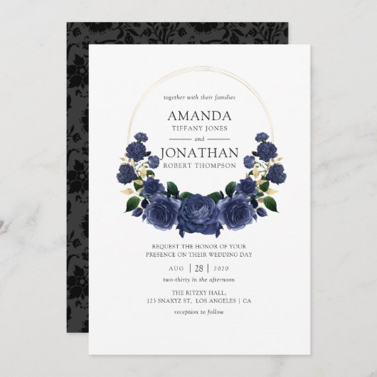 Invitation Mariage floral marine et or (Devant / Derrière)