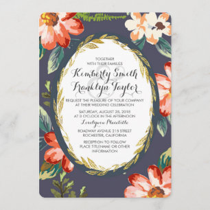 Invitation mariage floral marine et or vintage