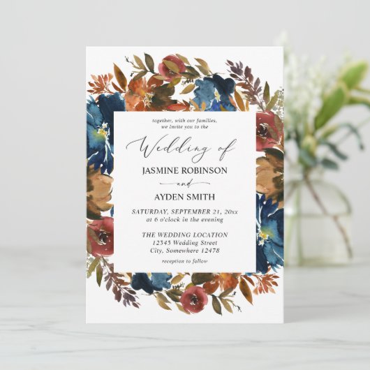 Invitation Mariage floral marine, orange et automne Brown (Debout devant)