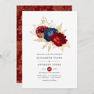 Invitation Mariage floral marine, rouge et or