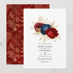 Invitation Mariage floral marine, rouge et or