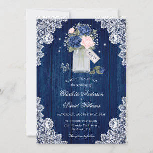 Invitation Mariage floral Mason Jar en dentelle bleu marine e