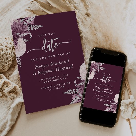 Invitation Mariage floral Mauve Argent Enregistrer la date