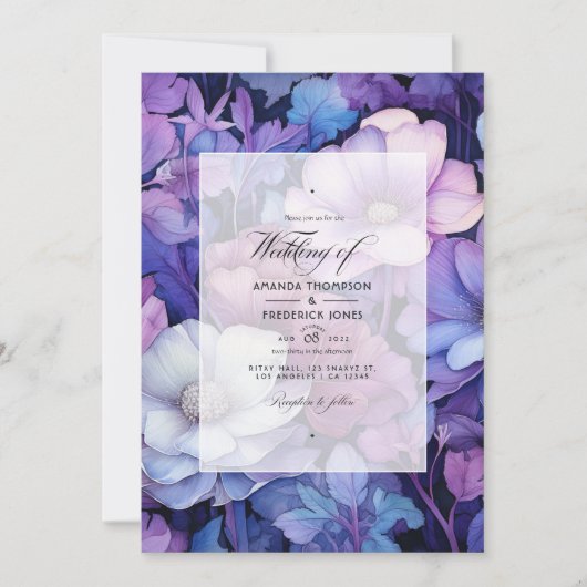 Invitation Mariage floral mauve, argenté et bleu (Devant)