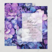 Invitation Mariage floral mauve, argenté et bleu (Devant / Derrière)