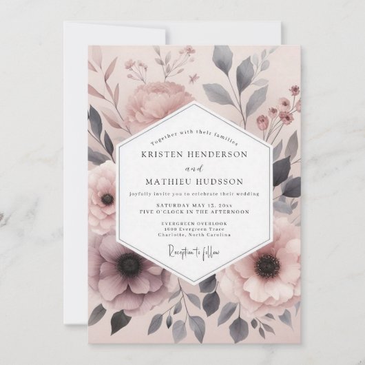 Invitation Mariage Floral Mauve Brouillard (Devant)