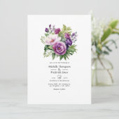 Invitation Mariage floral mauve pourpre et verdure (Debout devant)
