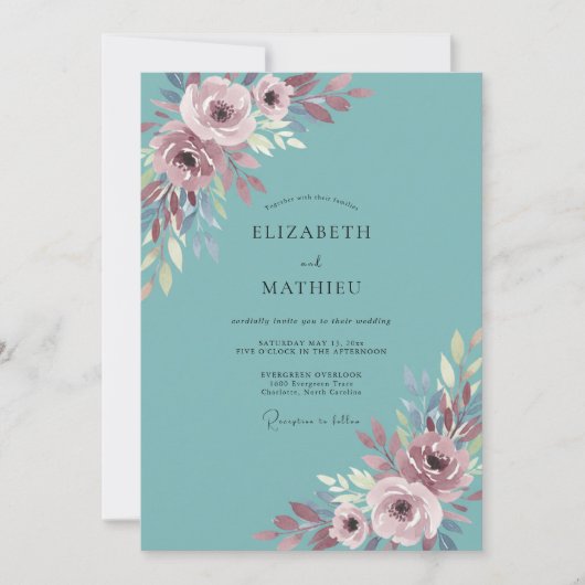 Invitation Mariage Floral Mauve Sarcelle (Devant)