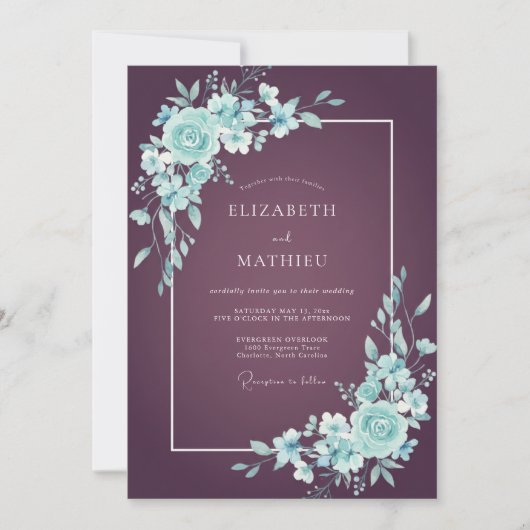 Invitation Mariage Floral Menthe Prune (Devant)