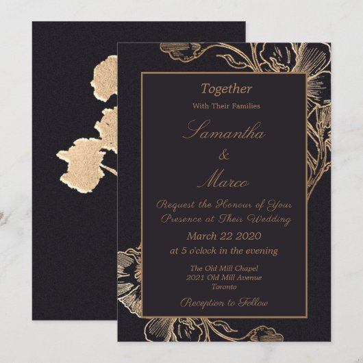 Invitation Mariage Floral Métal Doré Élégant Moderne (Devant / Derrière)