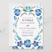 Invitation Mariage Floral mexicain bleu et blanc (Devant)