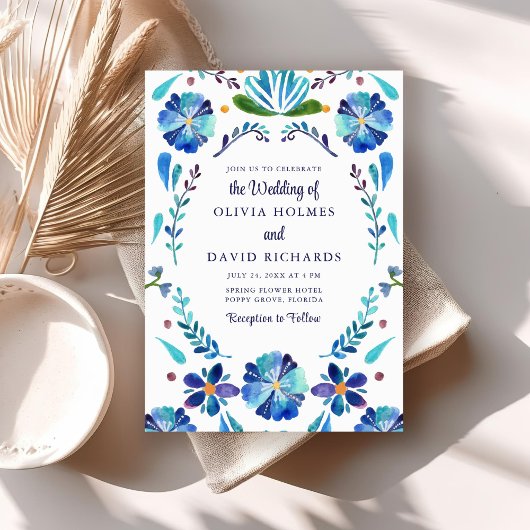 Invitation Mariage Floral mexicain bleu et blanc