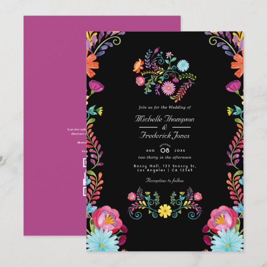 Invitation Mariage Floral Mexicain Fiesta Code QR RSVP (Devant / Derrière)