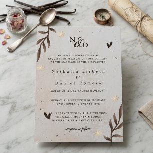 Invitation Mariage Floral Minimaliste Brun Beige Botanique