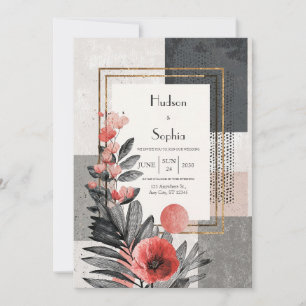 Invitation Mariage Floral Moderne Abstrait Noir Blanc Rouge