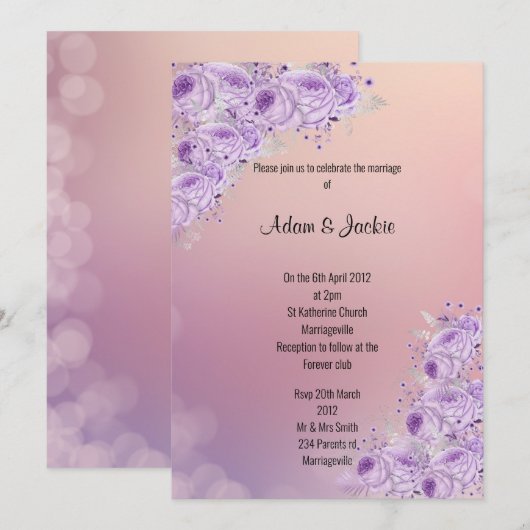 Invitation Mariage floral moderne Argent Apricot Lilac (Devant / Derrière)