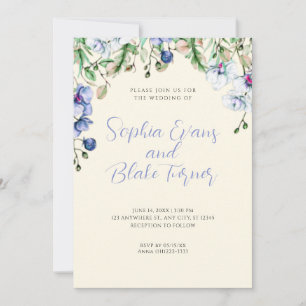 Invitation Mariage Floral Moderne Bleu, Blanc et Vert Jaune
