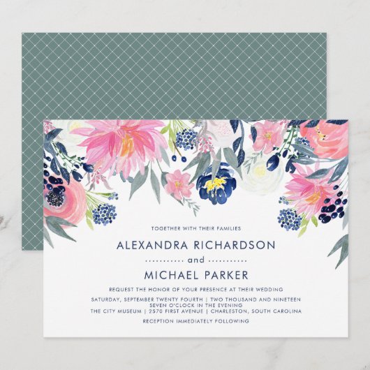 Invitation Mariage floral moderne Blush et Navy | Version deu (Devant / Derrière)