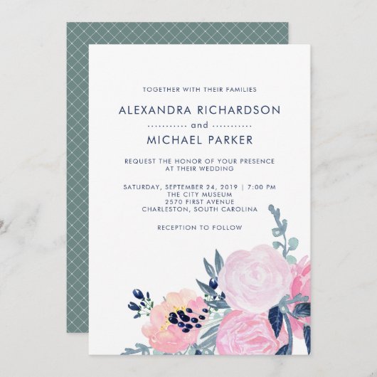 Invitation Mariage floral moderne Blush et Navy | vertical (Devant / Derrière)