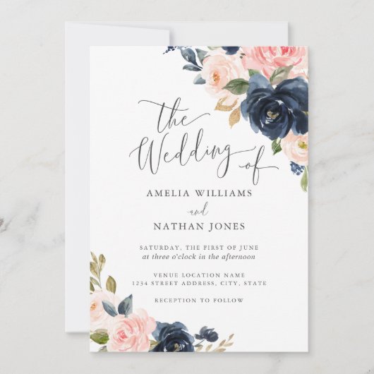 Invitation Mariage floral moderne Blush Navy (Devant)