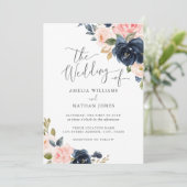 Invitation Mariage floral moderne Blush Navy (Debout devant)