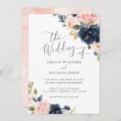 Invitation Mariage floral moderne Blush Navy (Devant / Derrière)