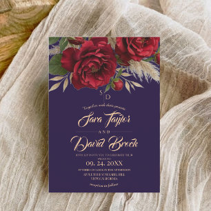 Invitation Mariage Floral Moderne Bohème Bleu & Roses