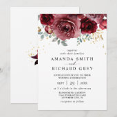 Invitation Mariage floral moderne Boho Bourgogne rouge et or (Devant / Derrière)