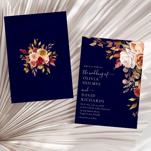 Invitation Mariage floral moderne Boho Marine bleu brûlé oran