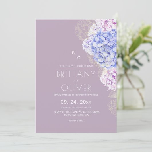 Invitation Mariage Floral Moderne Botanique Lilas et Blanc (Debout devant)