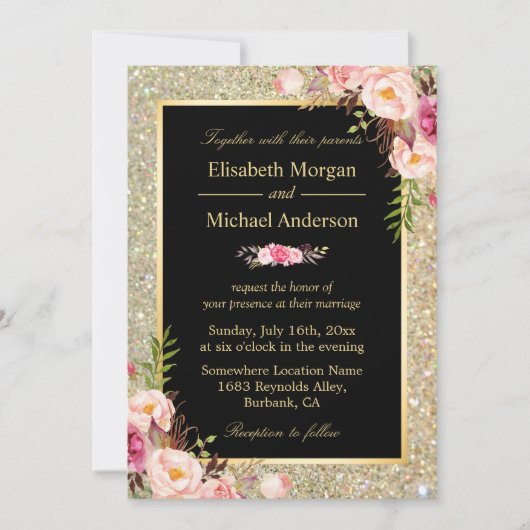 Invitation Mariage floral moderne brillant or (Devant)