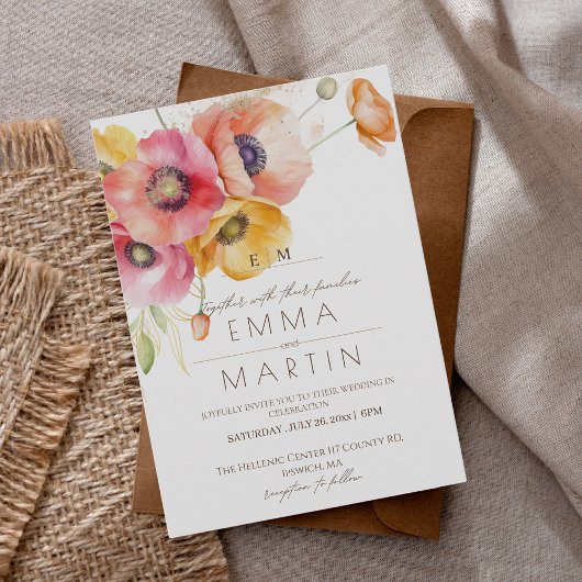 Invitation Mariage floral moderne des pavots rouges