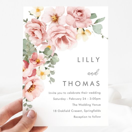 Invitation Mariage floral moderne Dusty Rose Blush