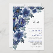 Invitation Mariage floral moderne élégant bleu marine (Devant)