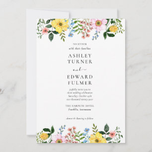 Invitation Mariage Floral Moderne Jaune Bleu Rose de Printemp