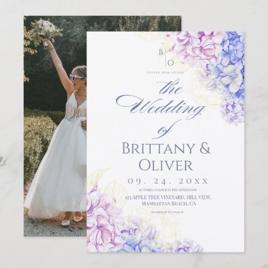 Invitation Mariage Floral Moderne Lilas & Bleu de Printemps (Devant / Derrière)