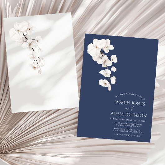 Invitation Mariage Floral Moderne Orchidée Blanche Bleu Nuit