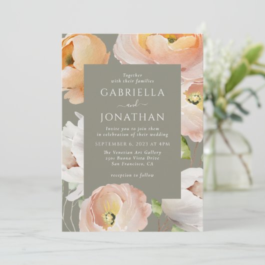 Invitation Mariage floral moderne Peach (Debout devant)