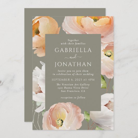 Invitation Mariage floral moderne Peach (Devant / Derrière)