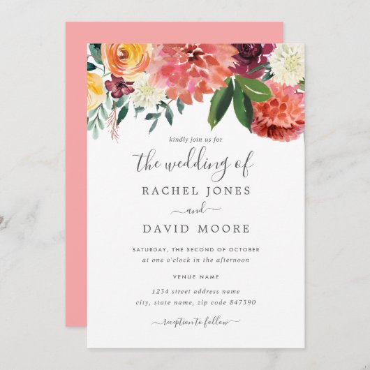 Invitation Mariage floral moderne Peach Burgundy (Devant / Derrière)