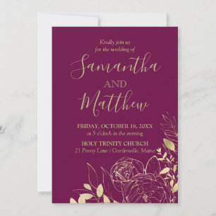 Invitation Mariage Floral Moderne Pivoine & Or