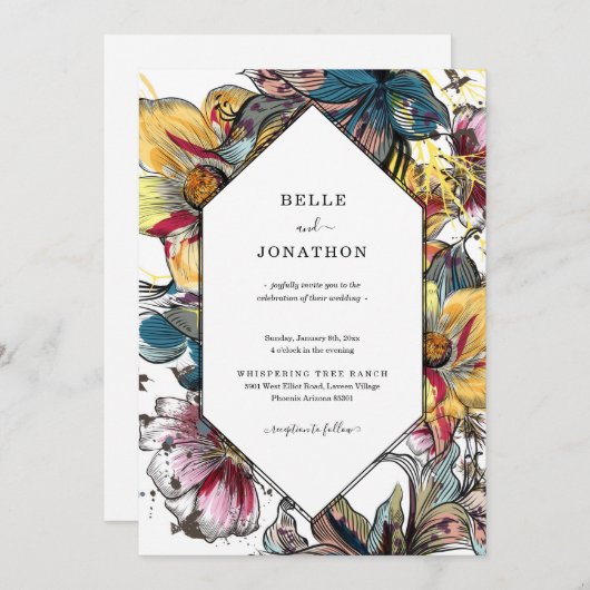 Invitation Mariage floral moderne rétro (Devant / Derrière)