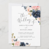Invitation Mariage Floral Moderne Rose Navy (Devant)